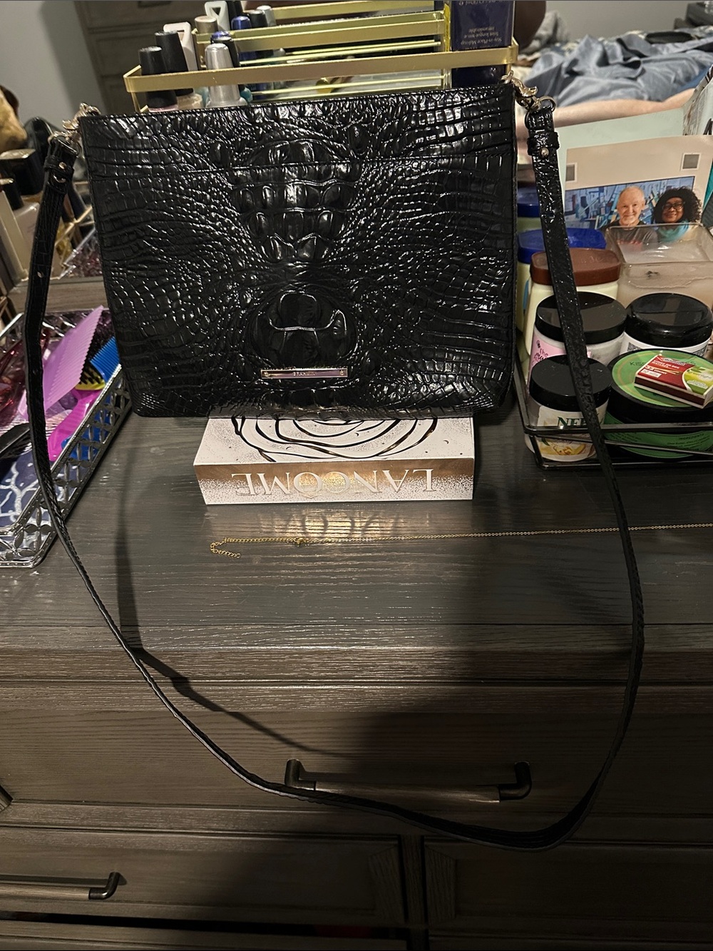 Brahmin Black Croc-Embossed Leather Shoulder Bag
